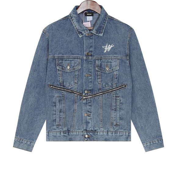 We11done Printed Diagonal Zipper Washed Denim Jacket